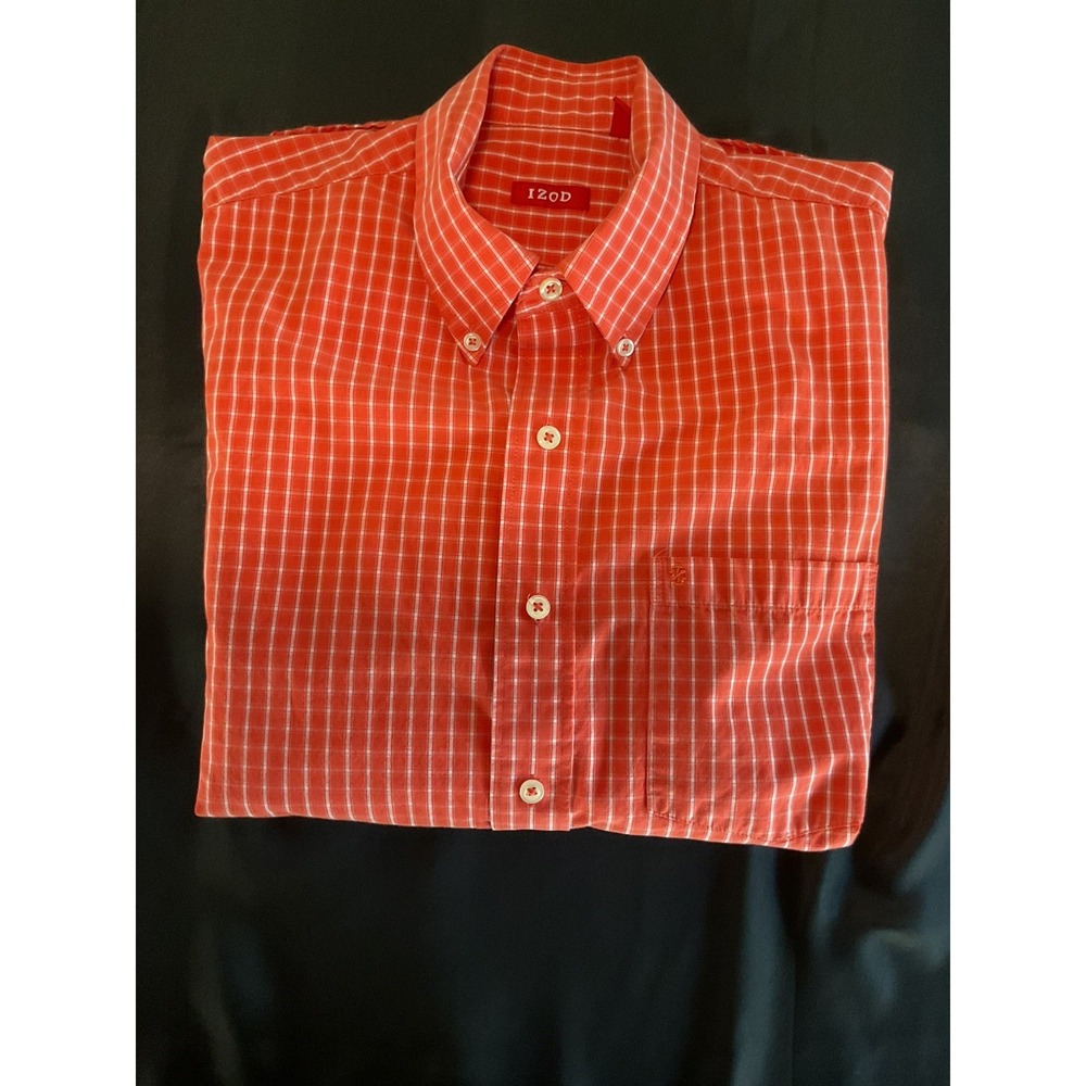 IZOD Orange and White Plaid Button Down Long-Sleeved Shirt Men's Size Medium